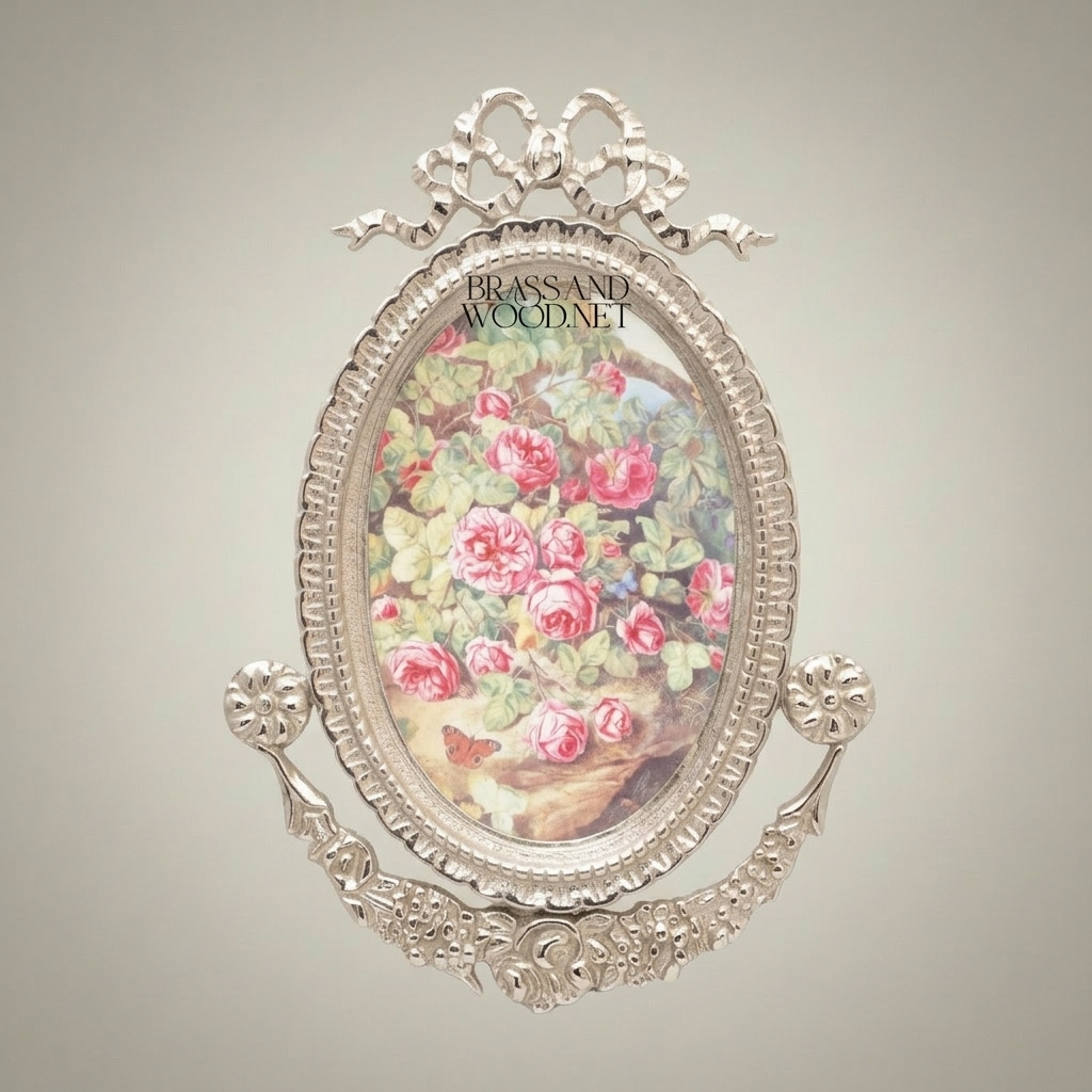 Neoclassical Oval Brass Photo Frame with Ribbon Crest & Floral Garland — Silver