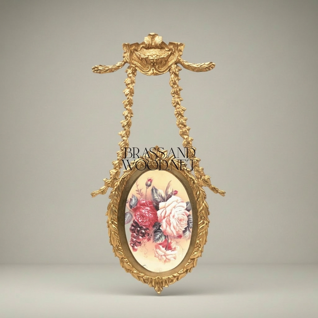 Neoclassical Oval Hanging Plate with Laurel Swag Frame & Floral Medallion — Gold