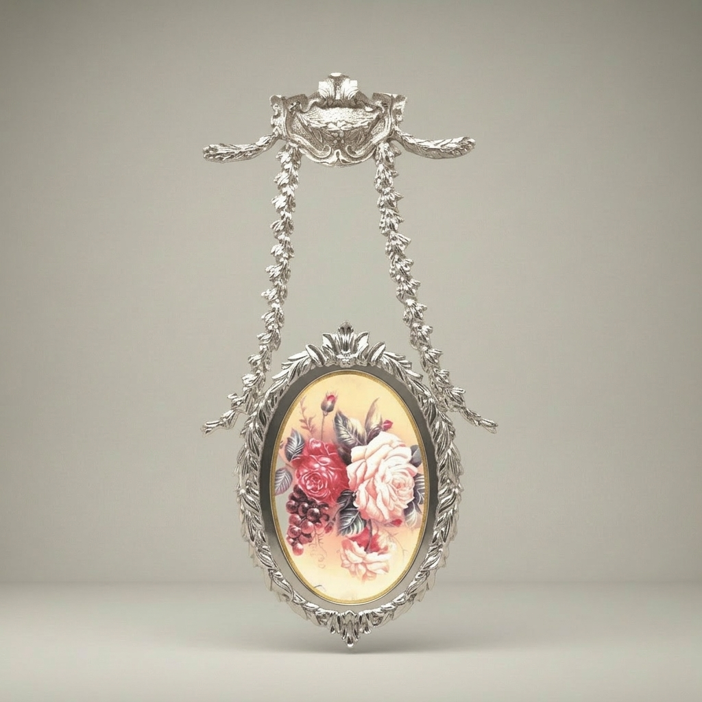 Neoclassical Oval Hanging Plate with Laurel Swag Frame & Floral Medallion — Silver