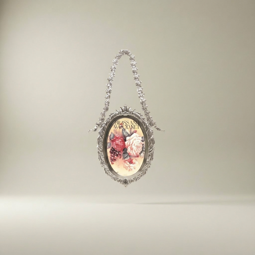 Neoclassical Oval Hanging Plate with Laurel Swag Frame & Floral Medallion — Silver