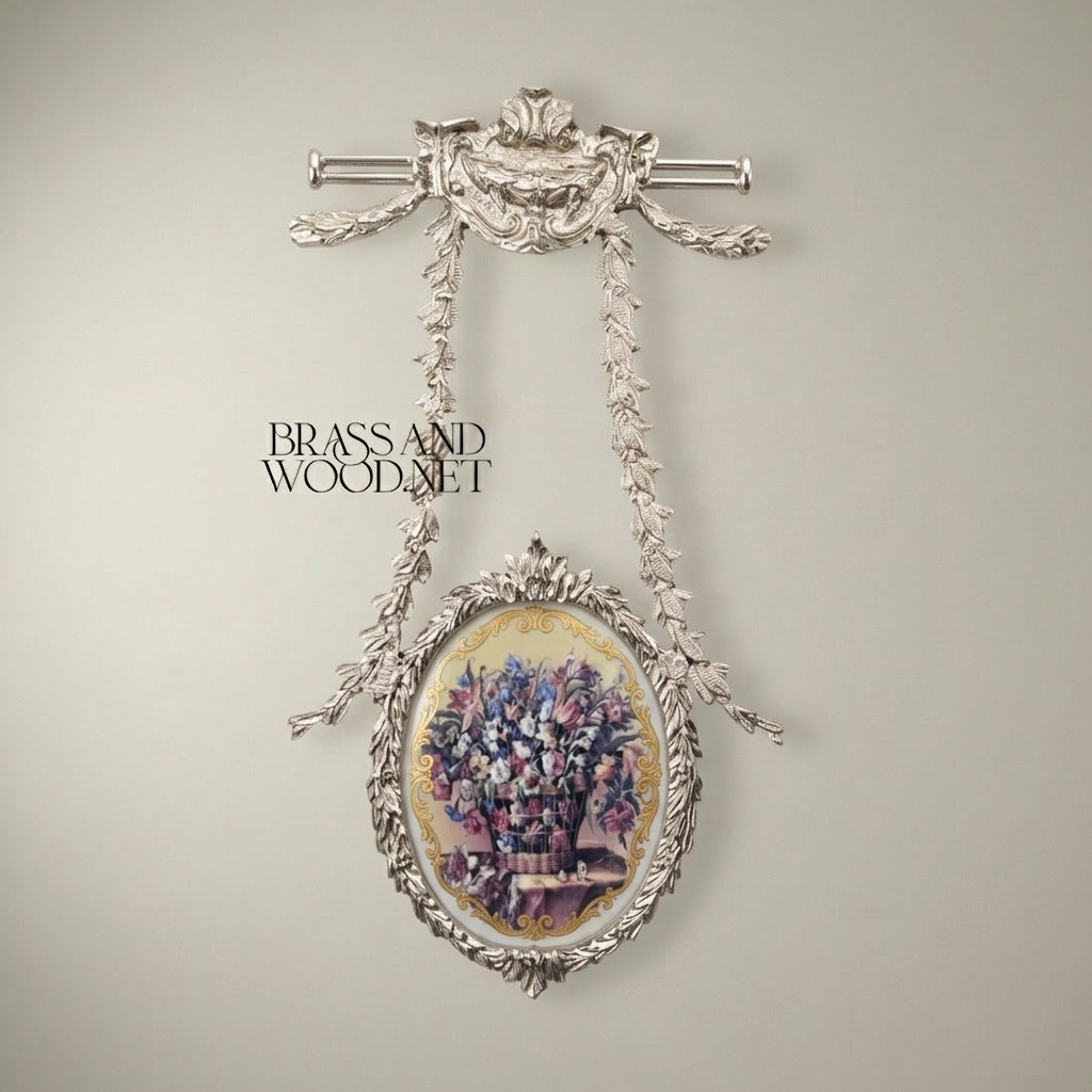 Neoclassical Oval Hanging Wall Frame with Laurel Swag & Bird Crest — Silver