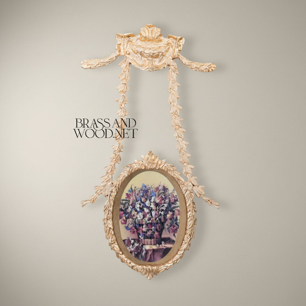 Neoclassical Oval Hanging Wall Frame with Laurel Swag & Bird Crest — Gold
