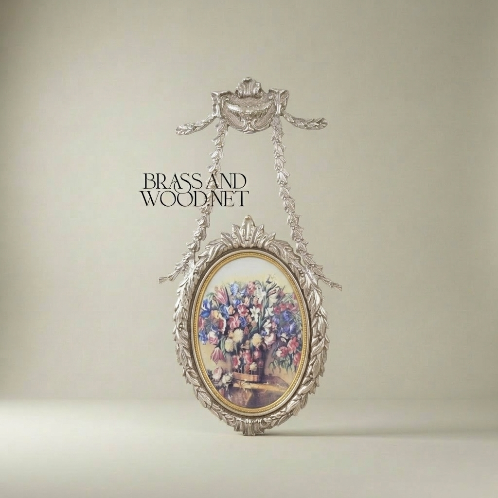 Neoclassical Oval Hanging Wall Frame with Laurel Swag & Bird Crest — Silver