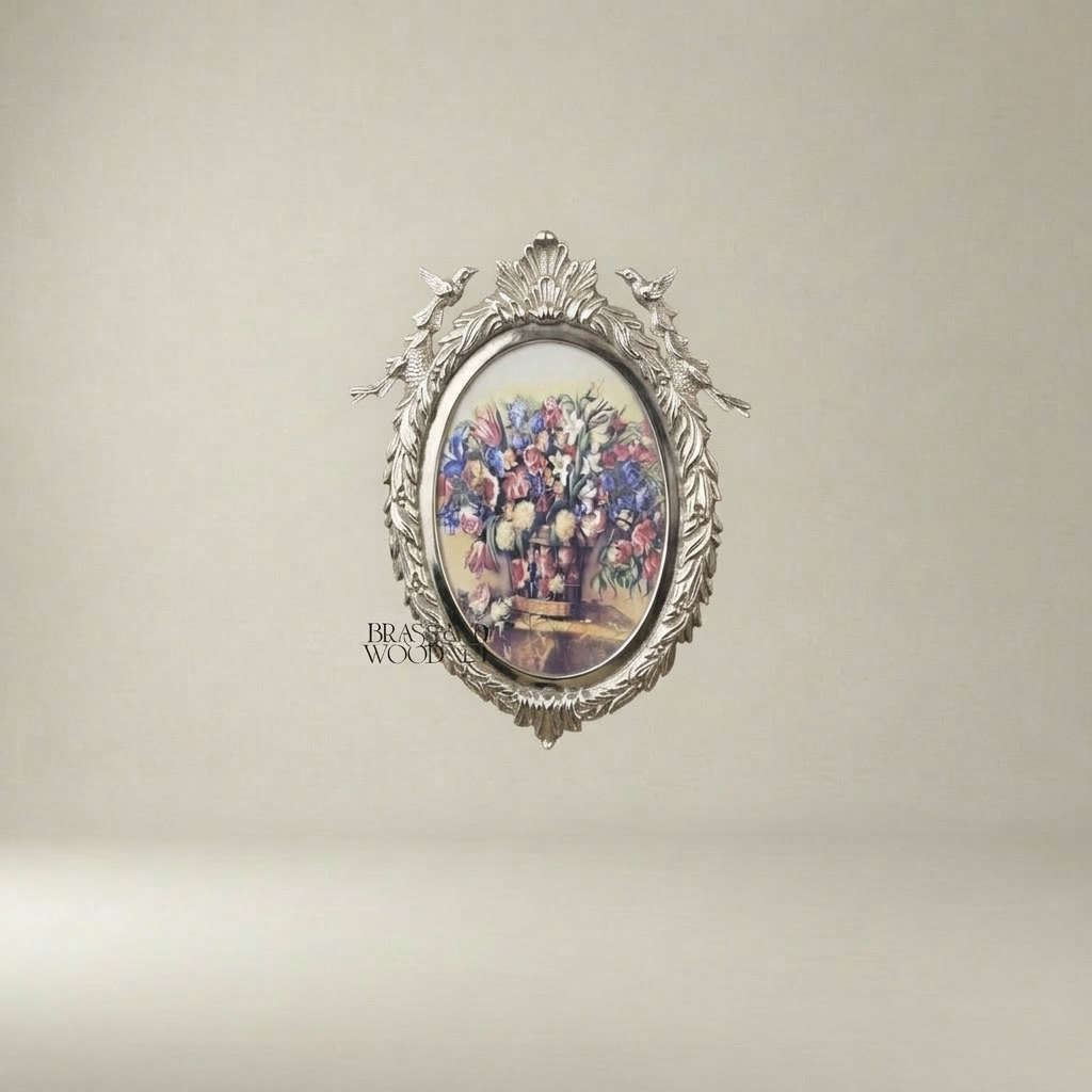 Neoclassical Oval Hanging Wall Frame with Laurel Swag & Bird Crest — Silver