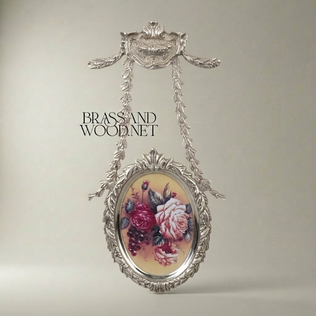 Neoclassical Oval Hanging Wall Frame with Laurel Swag & Bird Crest — Silver