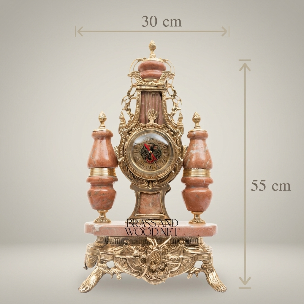 Neoclassical Pink Marble & Brass Mantel Clock Garniture with Five-Arm Candelabra — Antique Gold