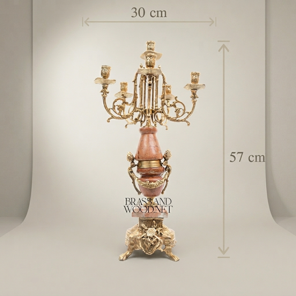 Neoclassical Pink Marble & Brass Mantel Clock Garniture with Five-Arm Candelabra — Antique Gold