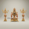 Neoclassical Pink Marble & Brass Mantel Clock Garniture with Five-Arm Candelabra — Gold