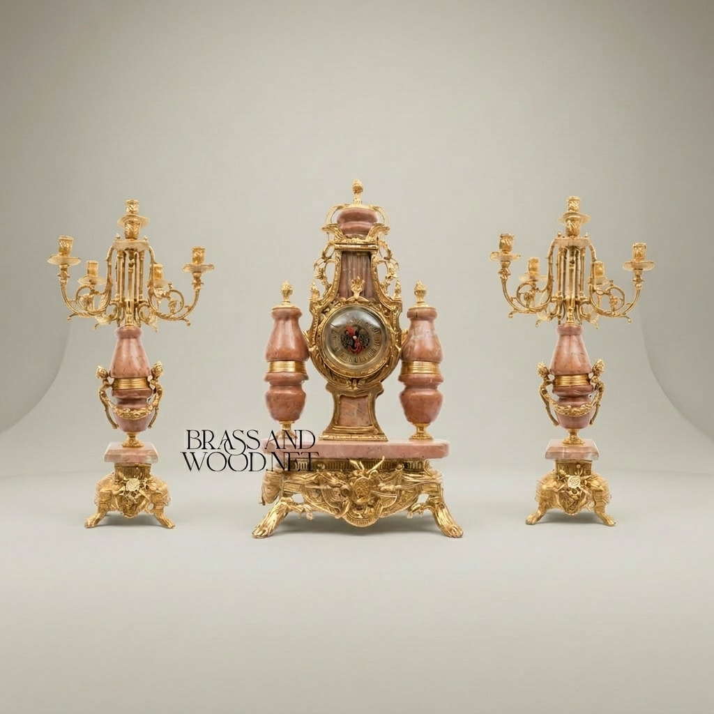 Neoclassical Pink Marble & Brass Mantel Clock Garniture with Five-Arm Candelabra — Gold