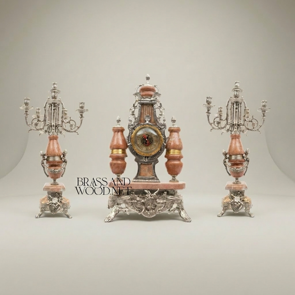 Neoclassical Pink Marble & Brass Mantel Clock Garniture with Five-Arm Candelabra — Silver