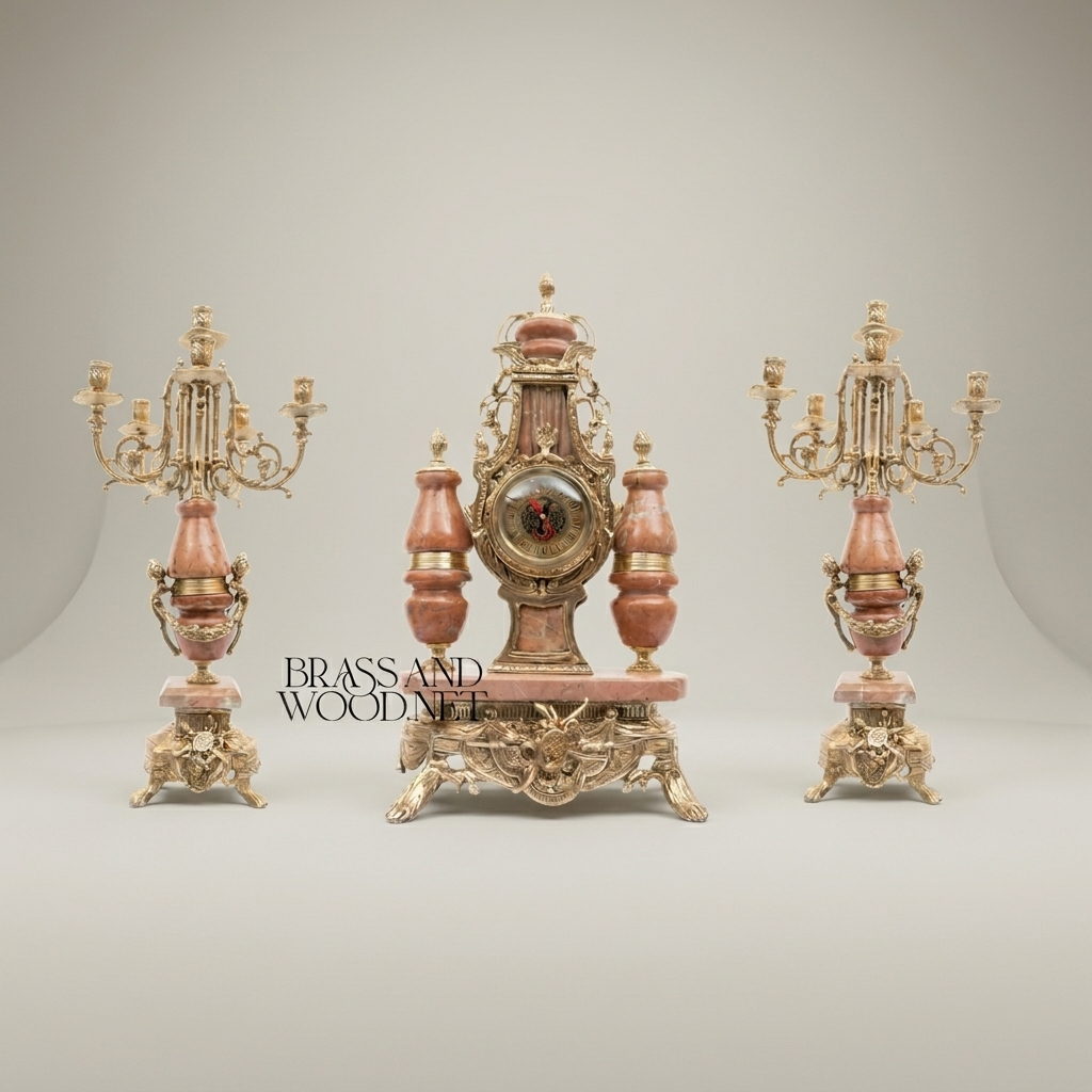 Neoclassical Pink Marble & Brass Mantel Clock Garniture with Five-Arm Candelabra — Antique Gold