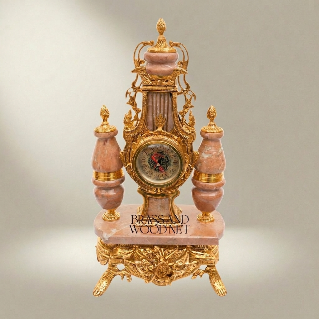 Neoclassical Pink Marble & Brass Mantel Clock Garniture with Five-Arm Candelabra — Gold