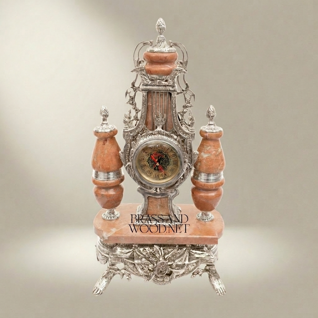 Neoclassical Pink Marble & Brass Mantel Clock Garniture with Five-Arm Candelabra — Silver
