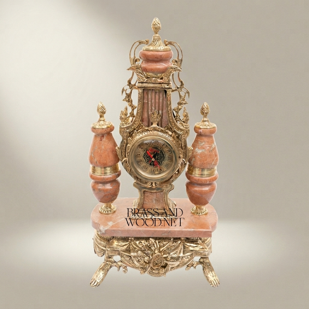 Neoclassical Pink Marble & Brass Mantel Clock Garniture with Five-Arm Candelabra — Antique Gold