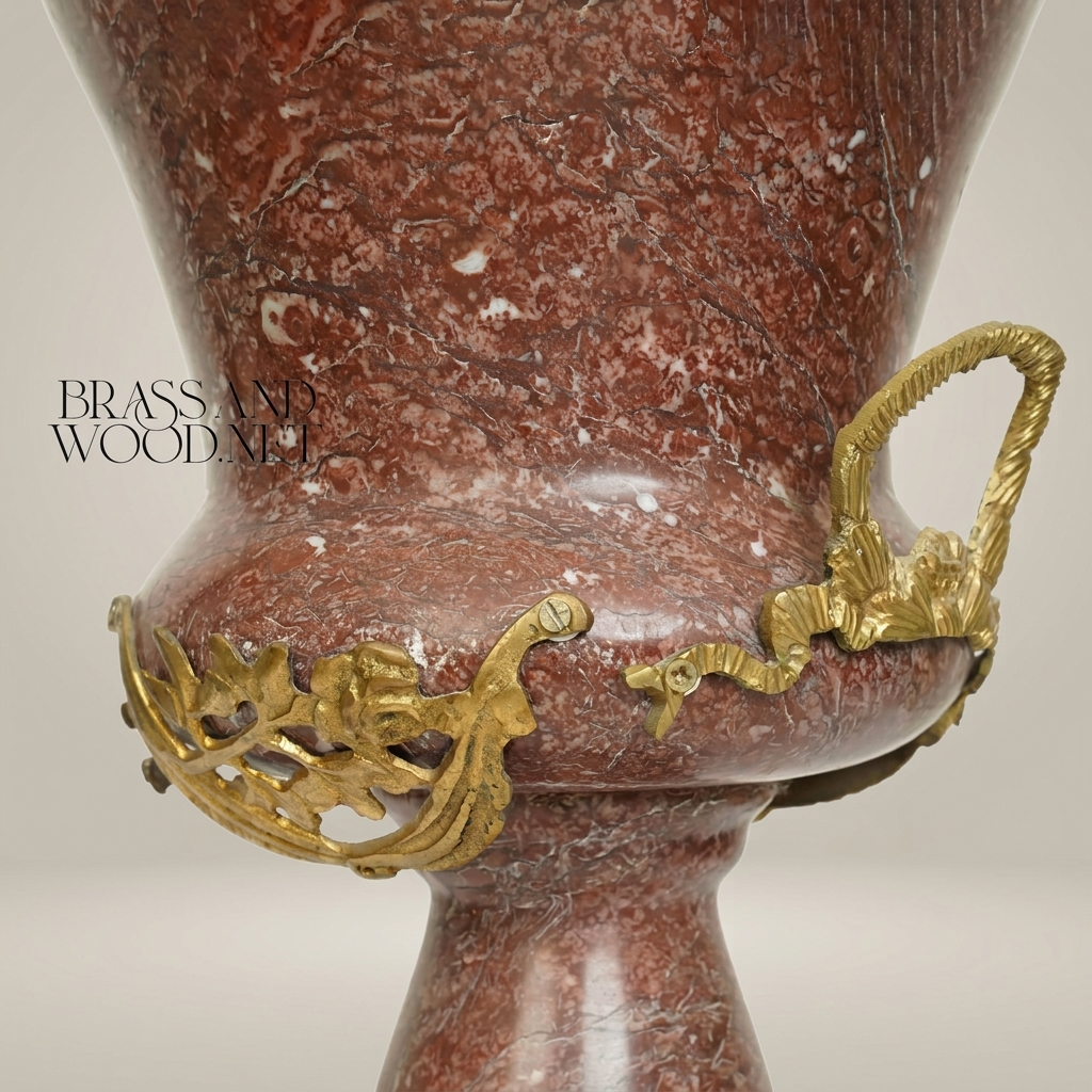 Neoclassical Red Marble Urn Vase with Brass Laurel Wreath Mount — Antique Gold