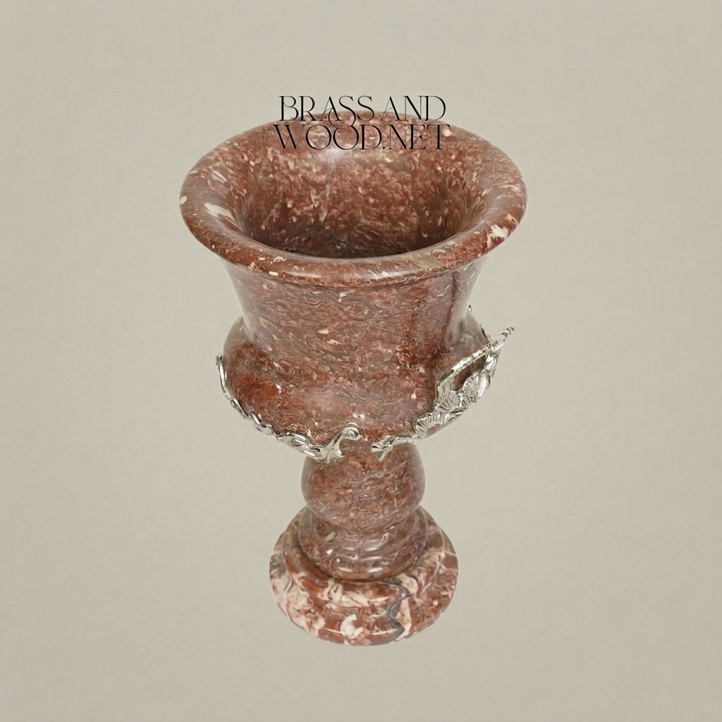 Neoclassical Red Marble Urn Vase with Brass Laurel Wreath Mount — Silver