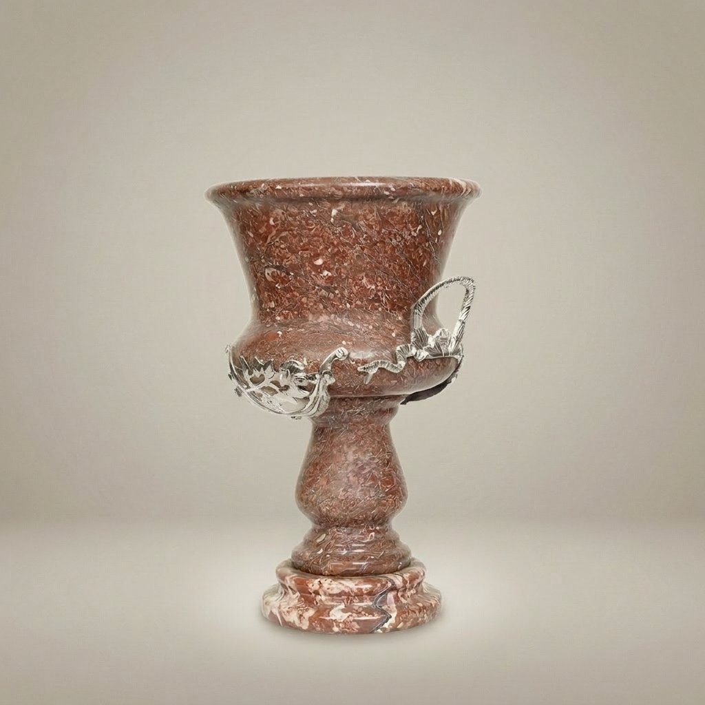 Neoclassical Red Marble Urn Vase with Brass Laurel Wreath Mount — Silver