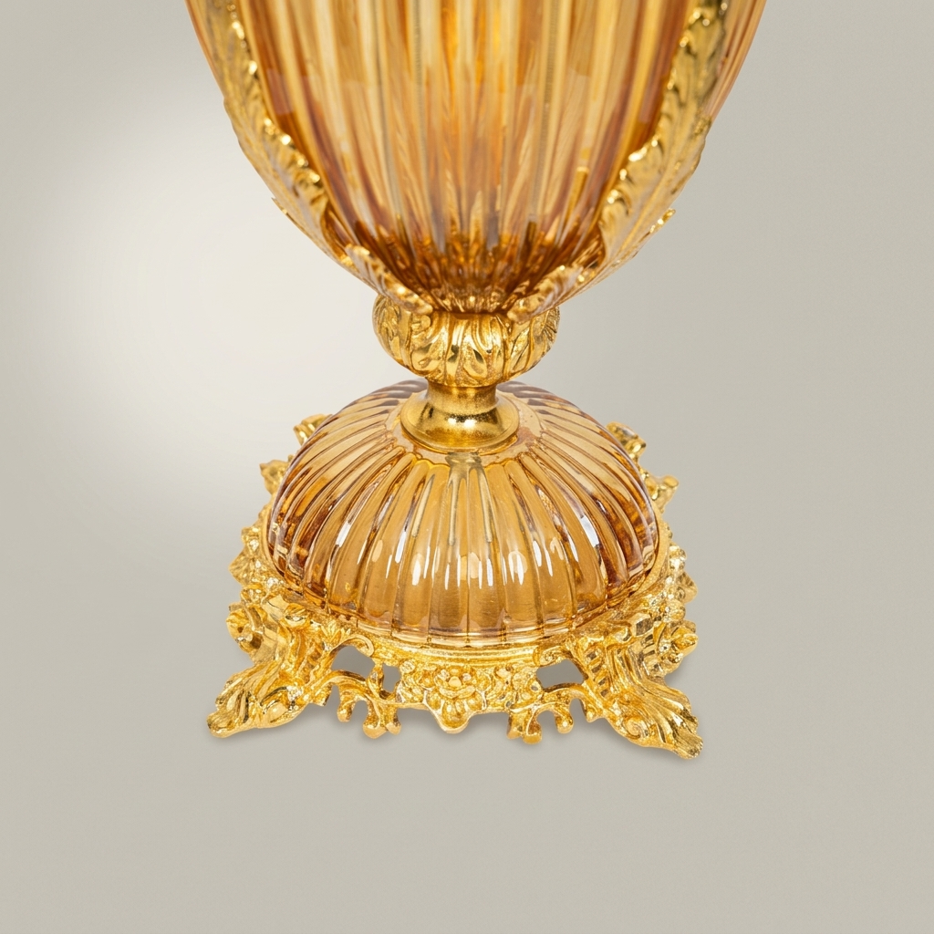 Neoclassical Ribbed Glass Urn Table Lamp with Ornate Brass Base — Gold