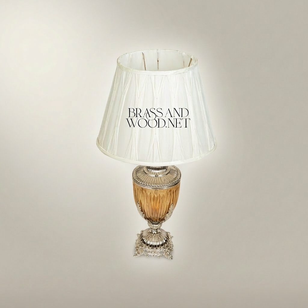 Neoclassical Ribbed Glass Urn Table Lamp with Ornate Brass Base — Silver