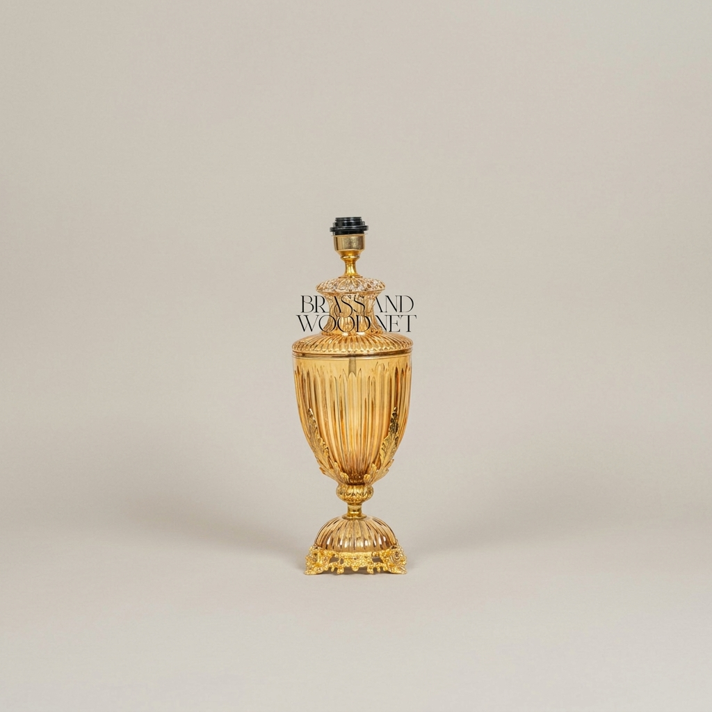 Neoclassical Ribbed Glass Urn Table Lamp with Ornate Brass Base