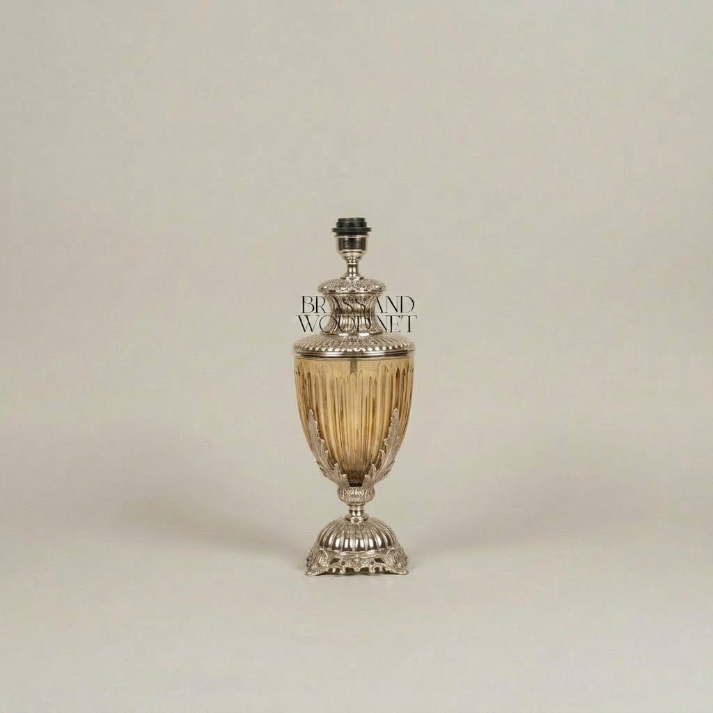 Neoclassical Ribbed Glass Urn Table Lamp with Ornate Brass Base — Silver
