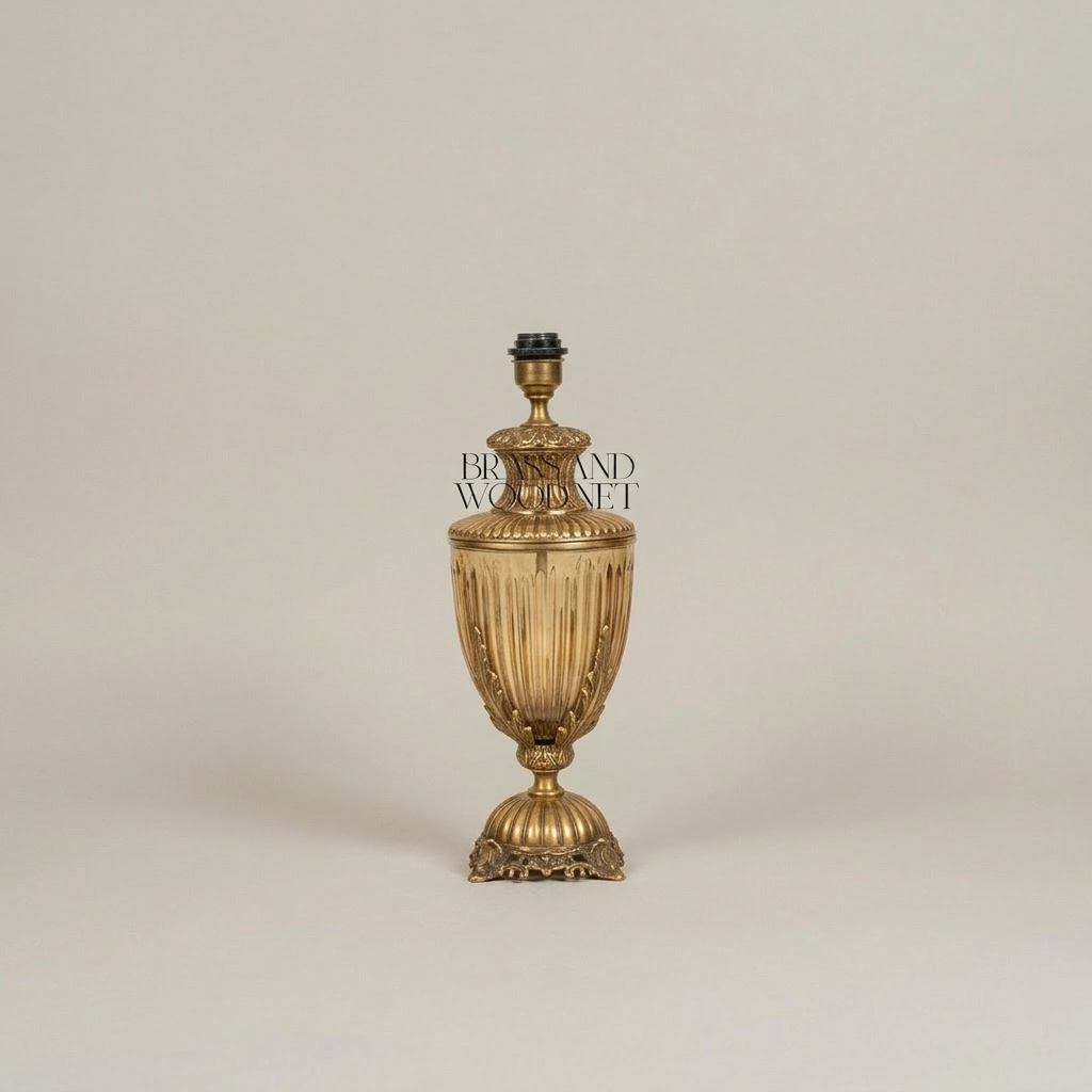 Neoclassical Ribbed Glass Urn Table Lamp with Ornate Brass Base — Antique Gold