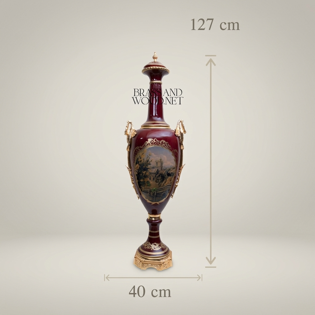 Neoclassical Ceramic Lidded Amphora Vase with Brass Mounts & Hand-Painted Landscape Panel — Gold
