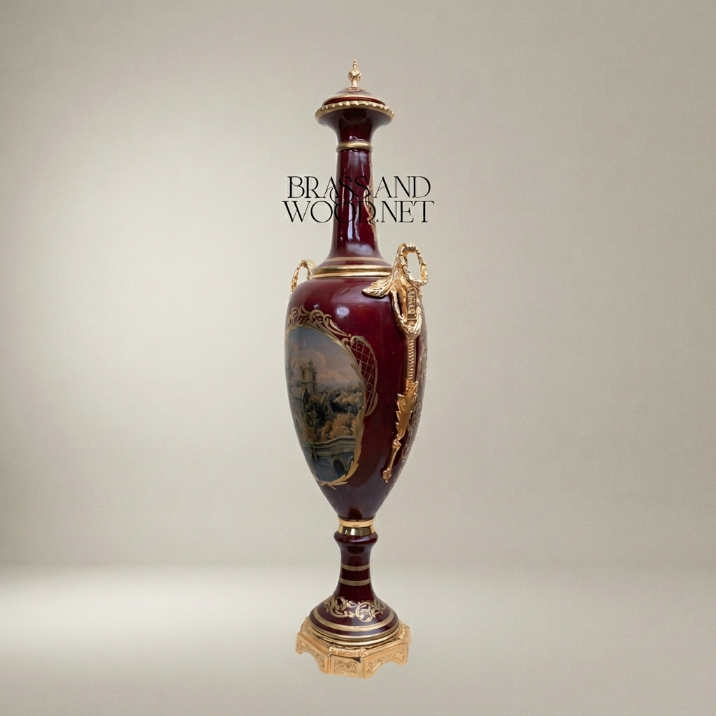 Neoclassical Ceramic Lidded Amphora Vase with Brass Mounts & Hand-Painted Landscape Panel