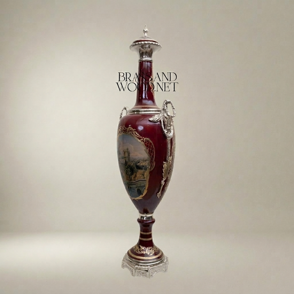 Neoclassical Ceramic Lidded Amphora Vase with Brass Mounts & Hand-Painted Landscape Panel — Silver