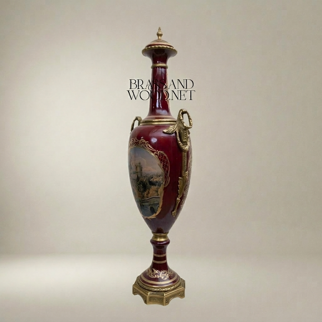 Neoclassical Ceramic Lidded Amphora Vase with Brass Mounts & Hand-Painted Landscape Panel — Antique Gold