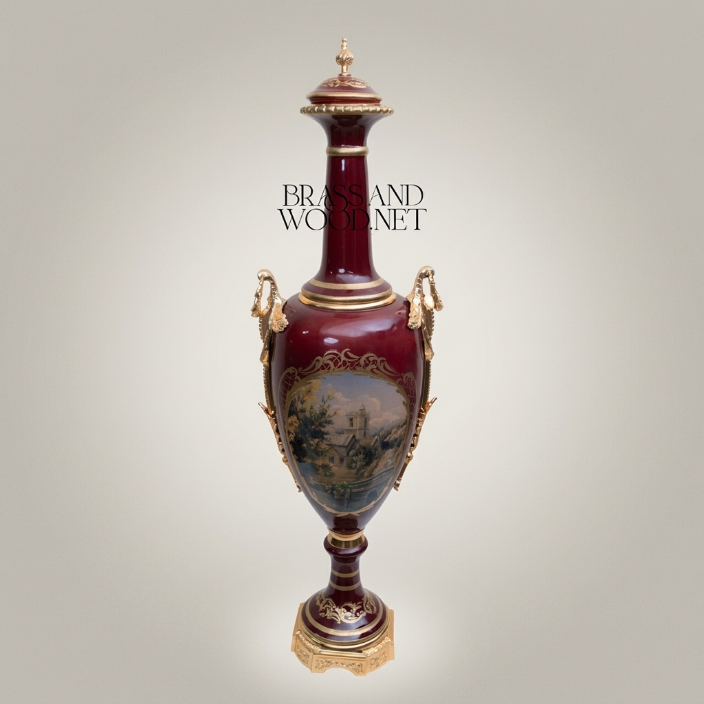 Neoclassical Ceramic Lidded Amphora Vase with Brass Mounts & Hand-Painted Landscape Panel — Gold