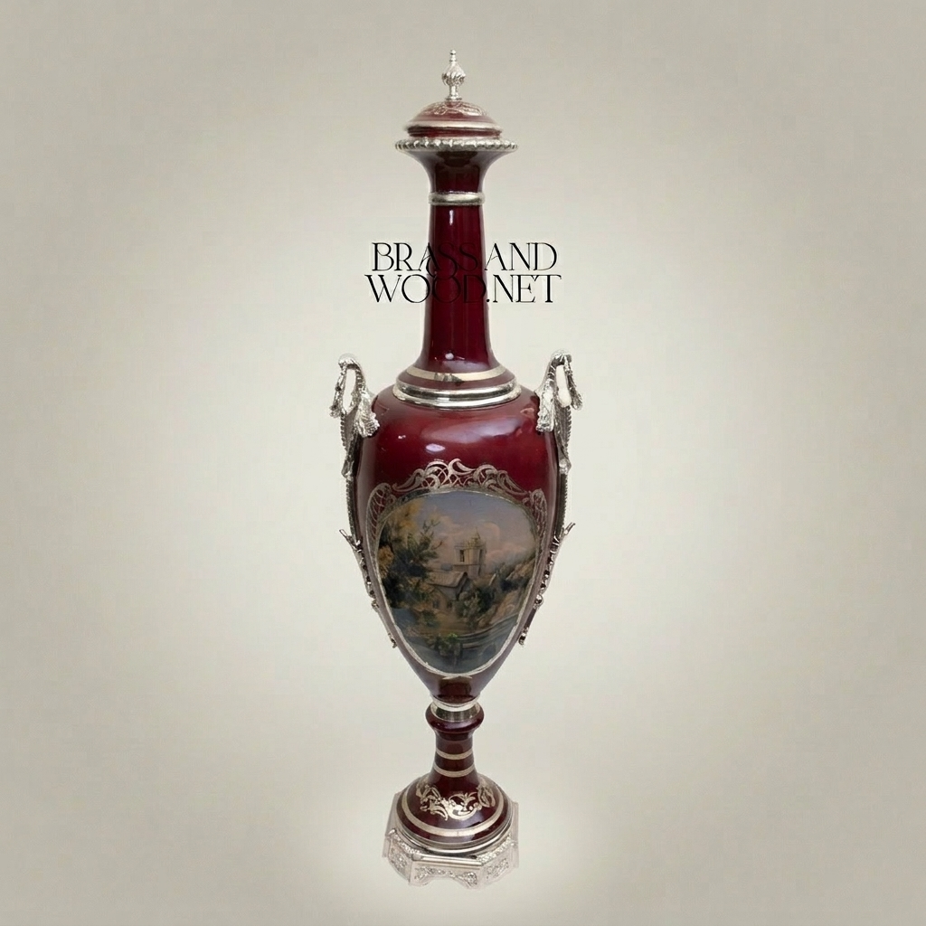 Neoclassical Ceramic Lidded Amphora Vase with Brass Mounts & Hand-Painted Landscape Panel — Silver