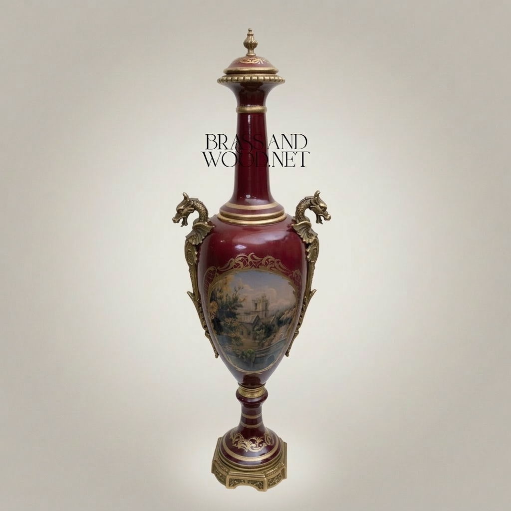 Neoclassical Ceramic Lidded Amphora Vase with Brass Mounts & Hand-Painted Landscape Panel — Antique Gold