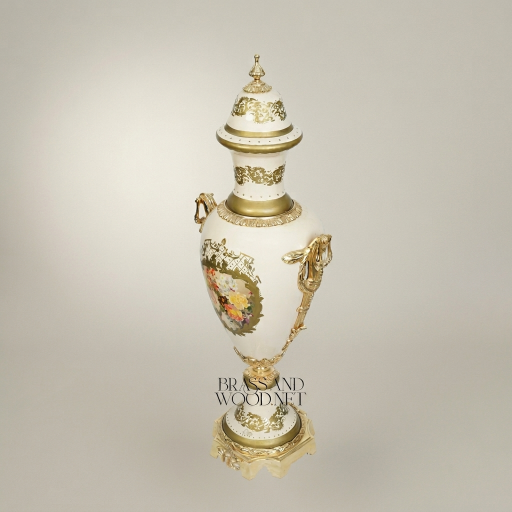 Neoclassical Sèvres-Style Lidded Ceramic Urn Vase with Floral Medallion & Brass Mounts — Gold