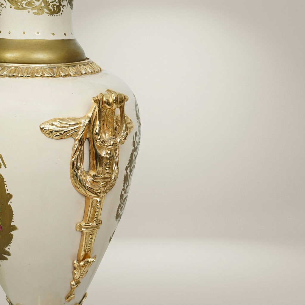 Neoclassical Sèvres-Style Lidded Ceramic Urn Vase with Floral Medallion & Brass Mounts — Gold