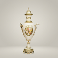Neoclassical Sèvres-Style Lidded Ceramic Urn Vase with Floral Medallion & Brass Mounts — Gold