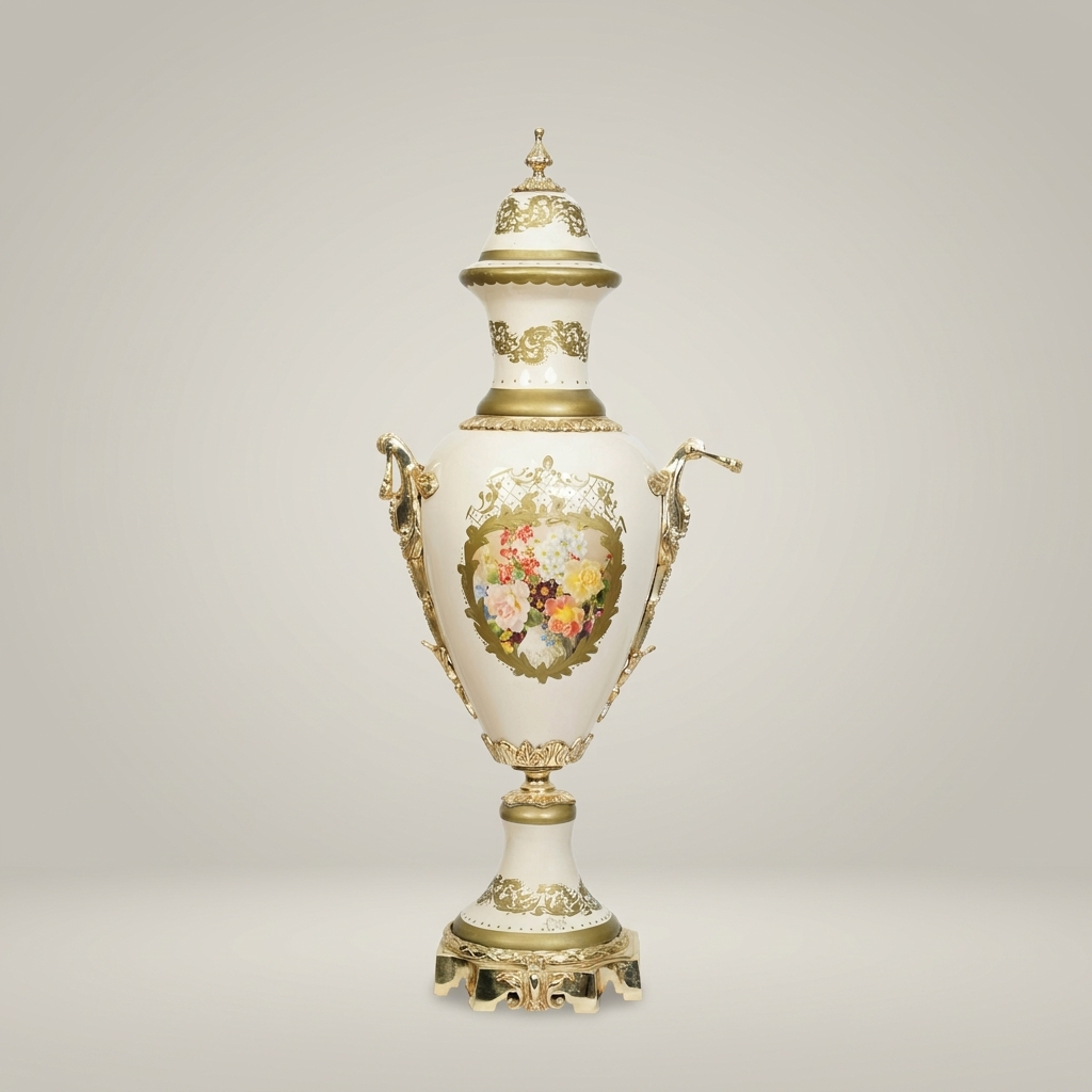 Neoclassical Sèvres-Style Lidded Ceramic Urn Vase with Floral Medallion & Brass Mounts — Gold
