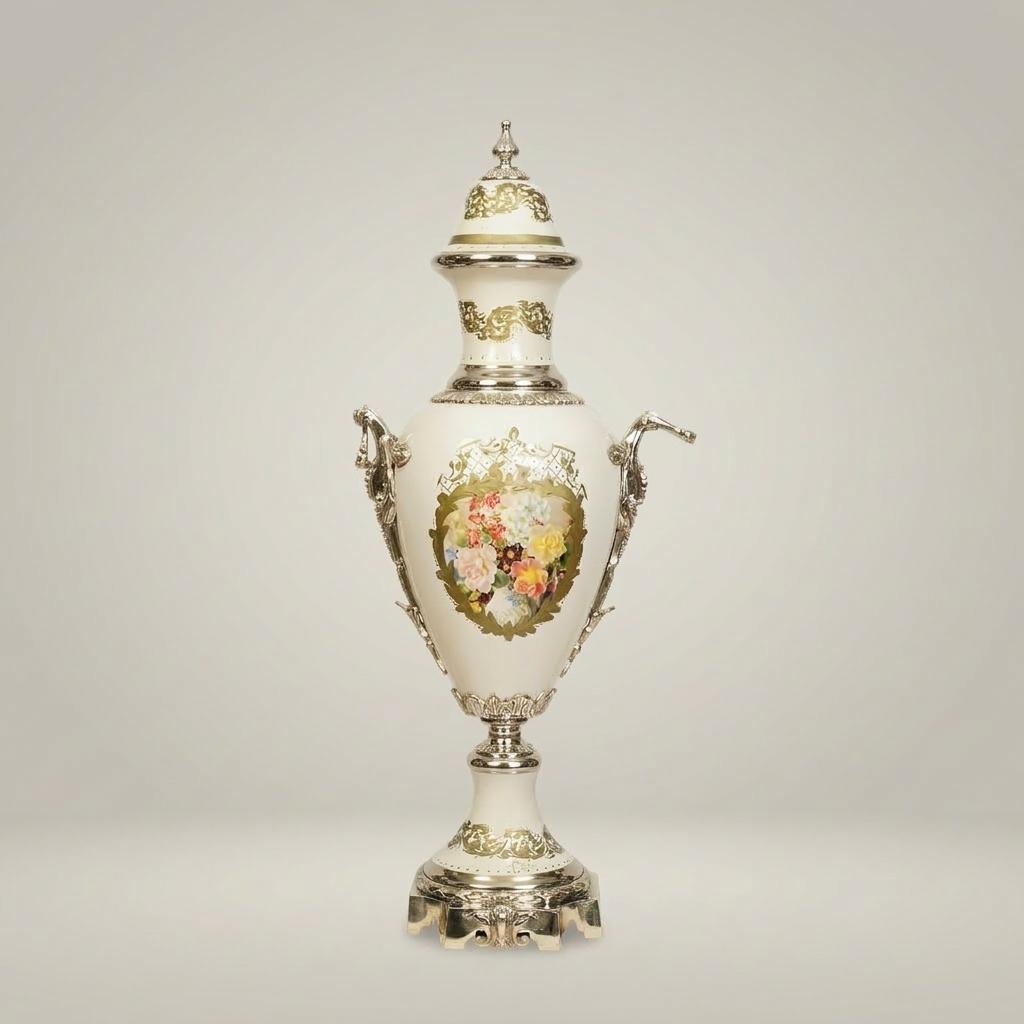 Neoclassical Sèvres-Style Lidded Ceramic Urn Vase with Floral Medallion & Brass Mounts — Silver