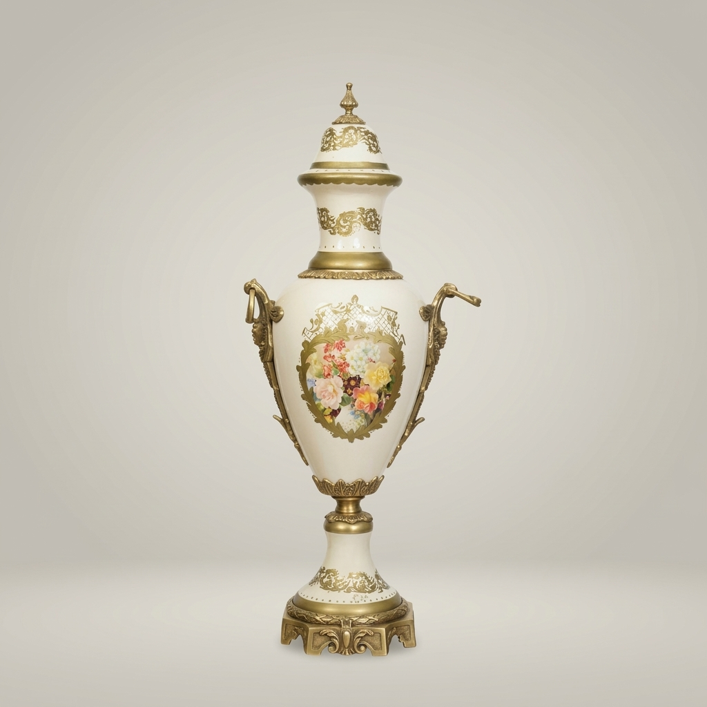 Neoclassical Sèvres-Style Lidded Ceramic Urn Vase with Floral Medallion & Brass Mounts — Antique Gold