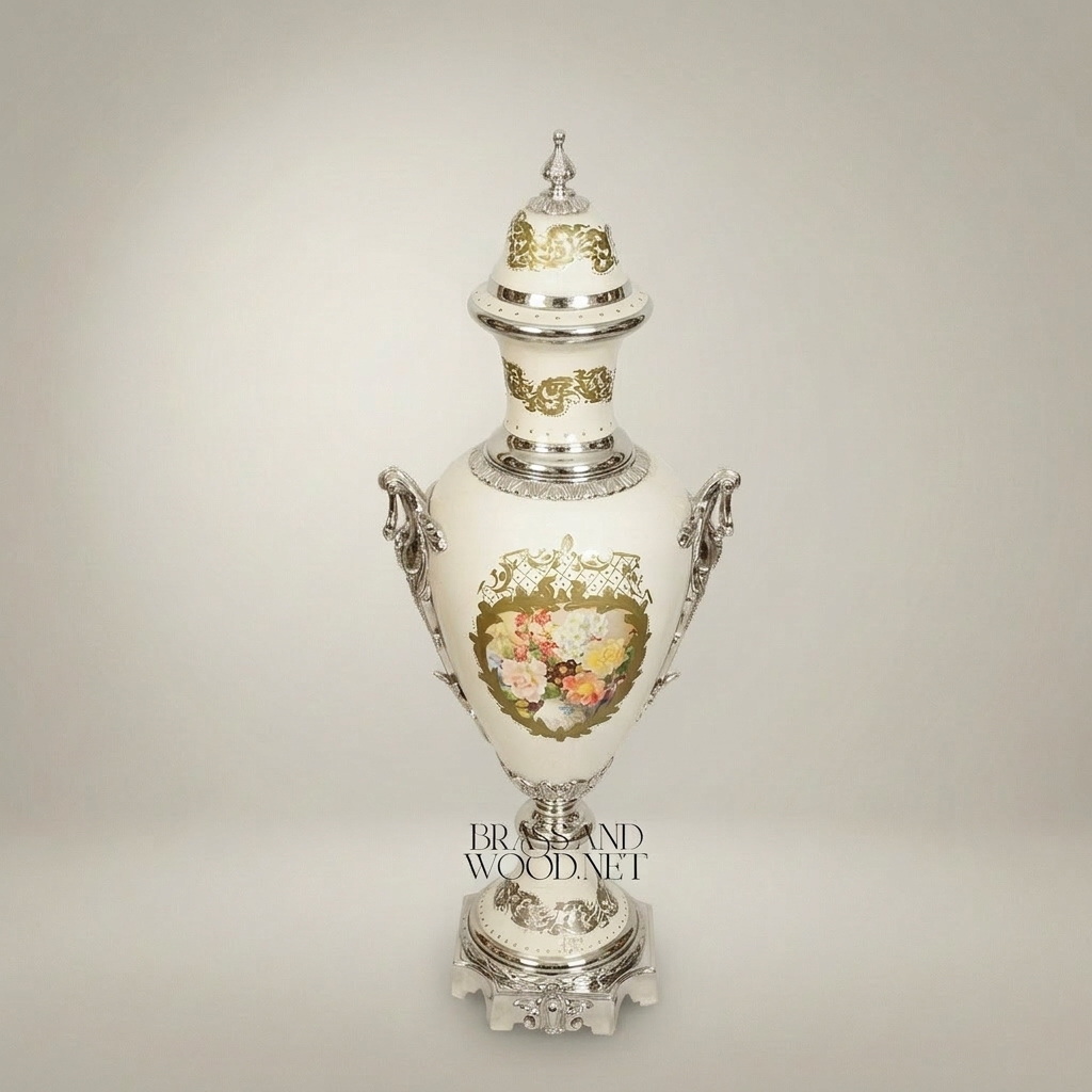 Neoclassical Sèvres-Style Lidded Ceramic Urn Vase with Floral Medallion & Brass Mounts — Silver