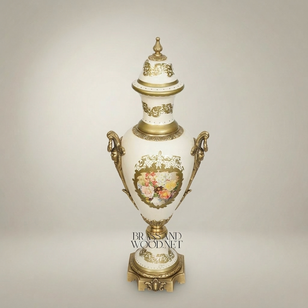 Neoclassical Sèvres-Style Lidded Ceramic Urn Vase with Floral Medallion & Brass Mounts — Antique Gold