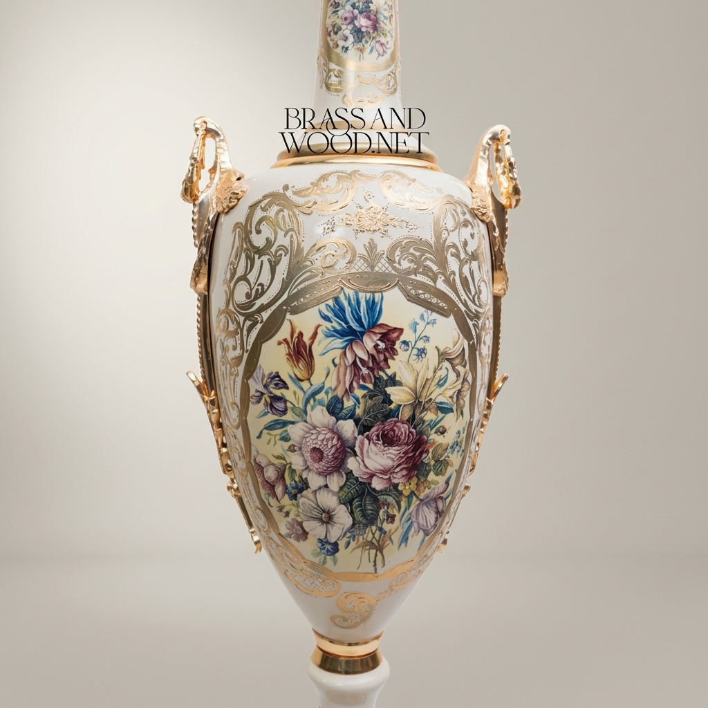 Neoclassical Ceramic Amphora Vase with Gilded Serpent Handles & Hand-Painted Floral Cartouche