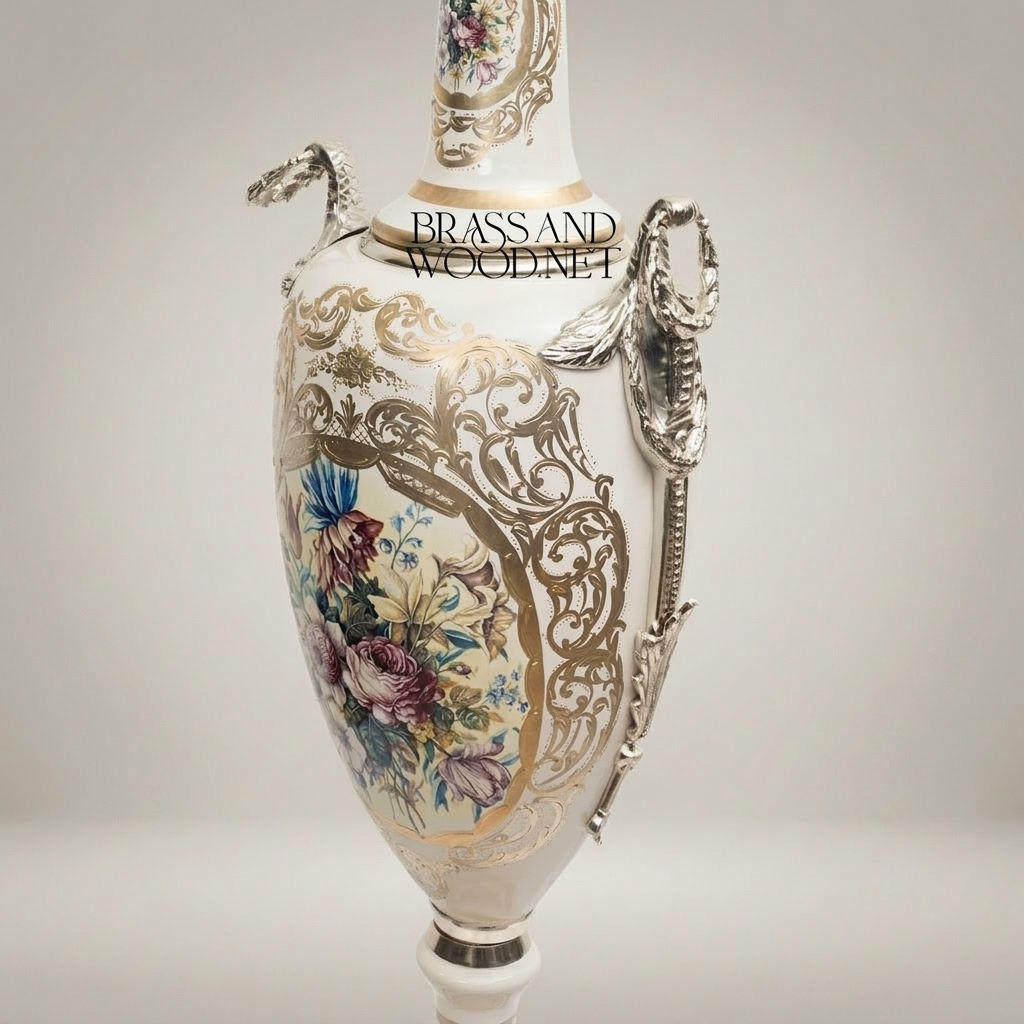 Neoclassical Ceramic Amphora Vase with Gilded Serpent Handles & Hand-Painted Floral Cartouche — Silver