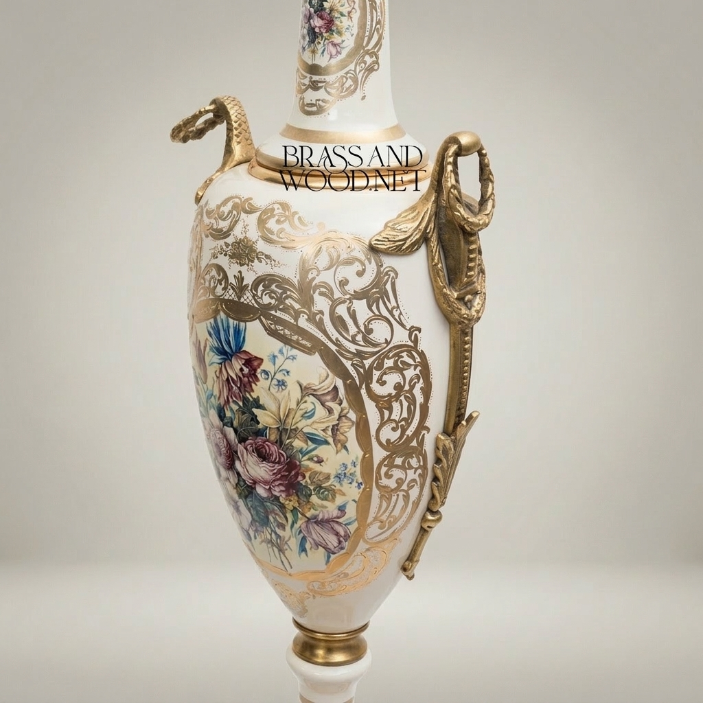 Neoclassical Ceramic Amphora Vase with Gilded Serpent Handles & Hand-Painted Floral Cartouche — Antique Gold
