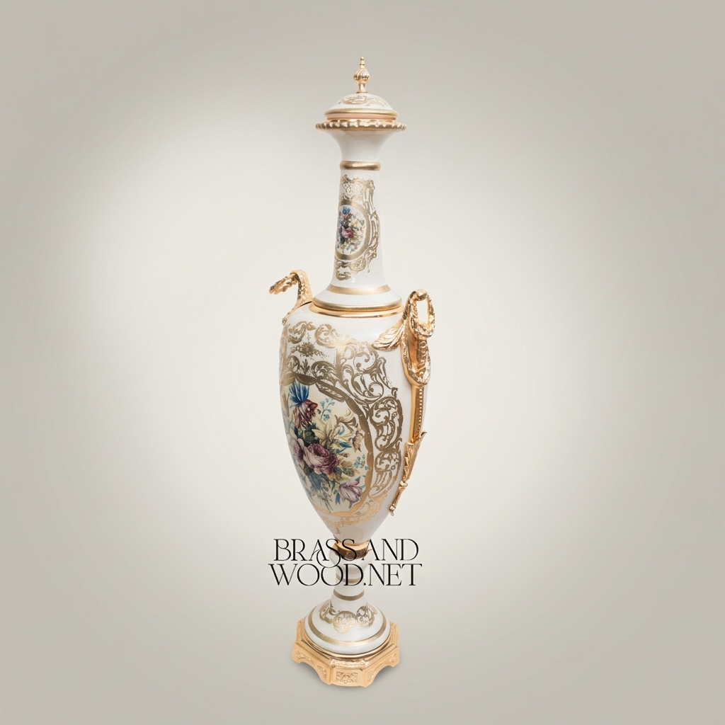 Neoclassical Ceramic Amphora Vase with Gilded Serpent Handles & Hand-Painted Floral Cartouche — Gold