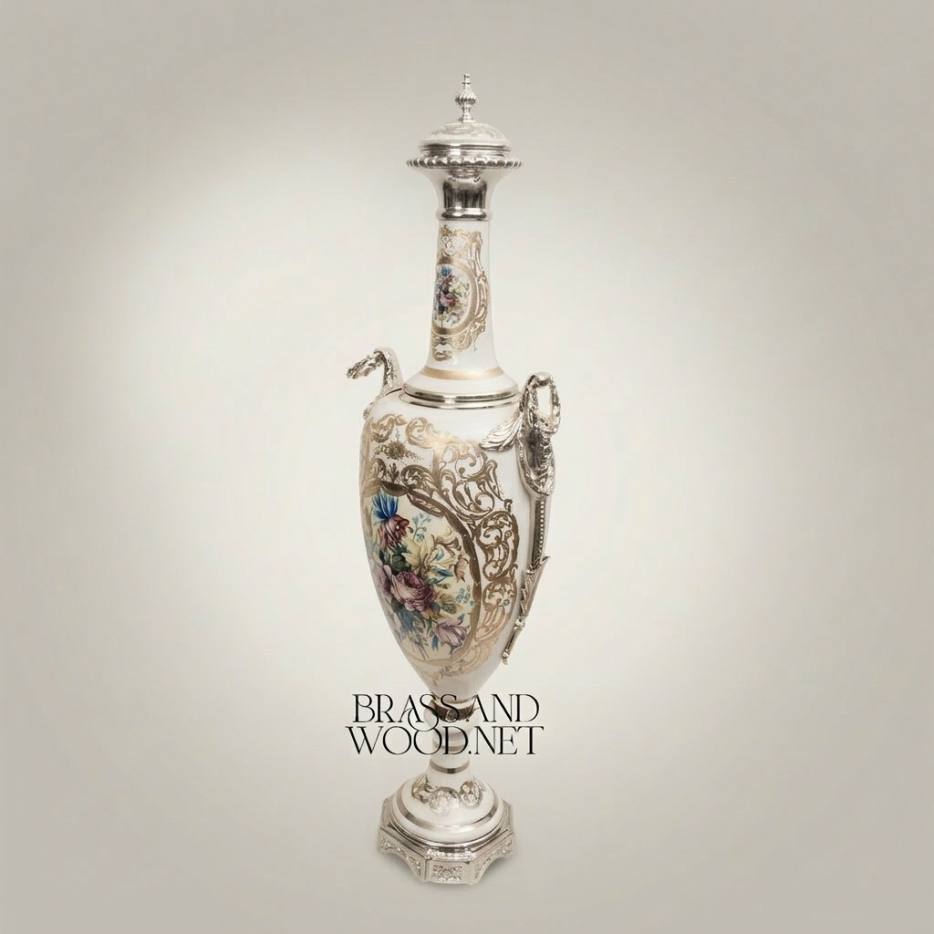 Neoclassical Ceramic Amphora Vase with Gilded Serpent Handles & Hand-Painted Floral Cartouche — Silver