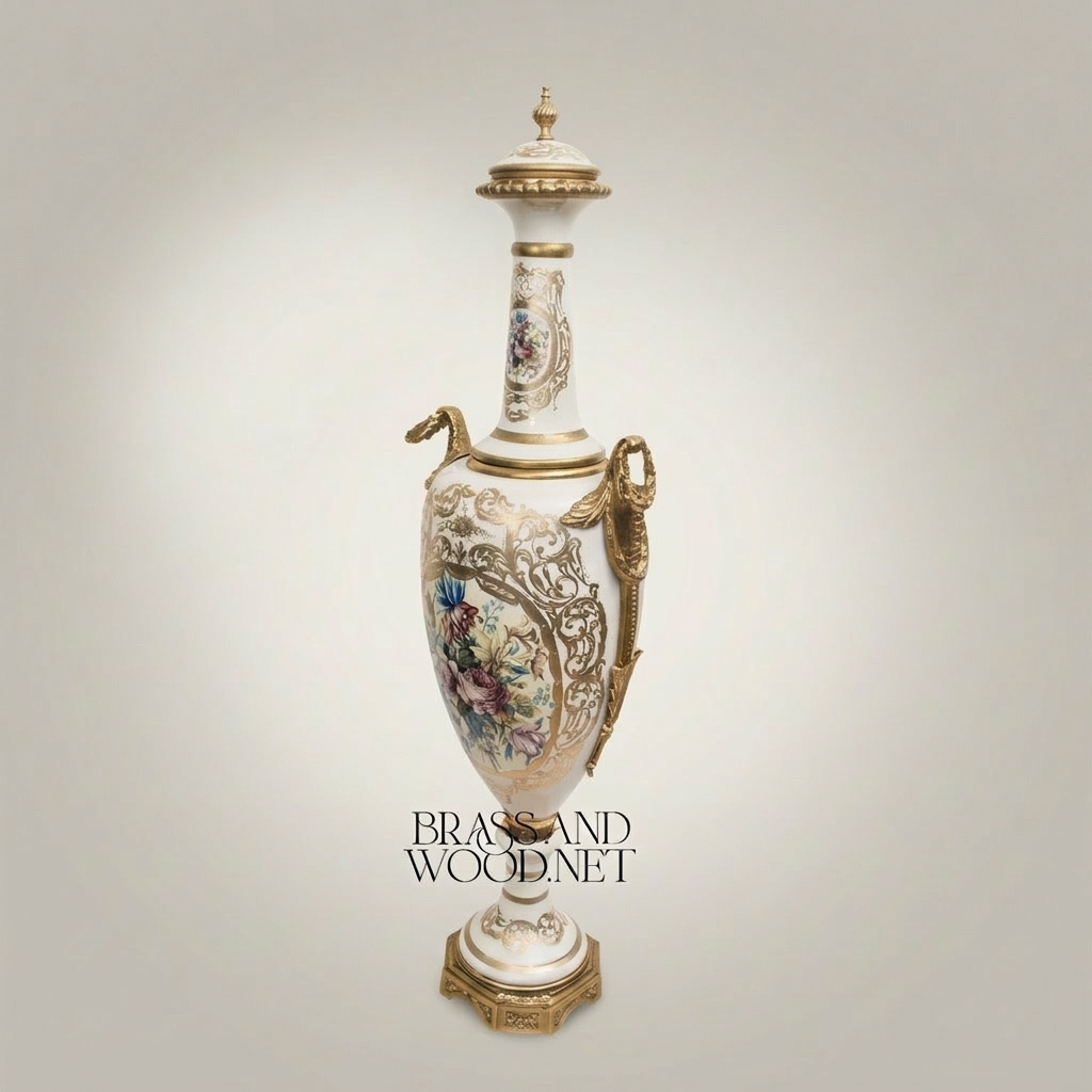 Neoclassical Ceramic Amphora Vase with Gilded Serpent Handles & Hand-Painted Floral Cartouche — Antique Gold