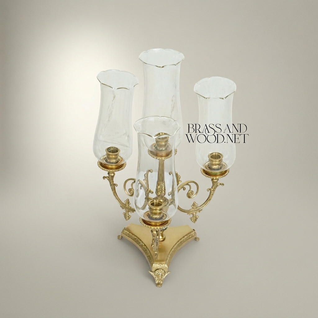 Neoclassical Three-Arm Brass Candelabra with Crystal Sphere & Glass Hurricane Shades — Antique Gold