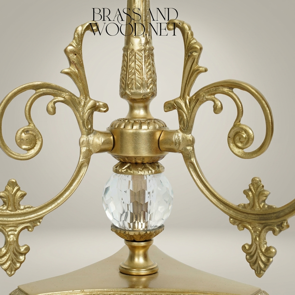 Neoclassical Three-Arm Brass Candelabra with Crystal Sphere & Glass Hurricane Shades — Antique Gold