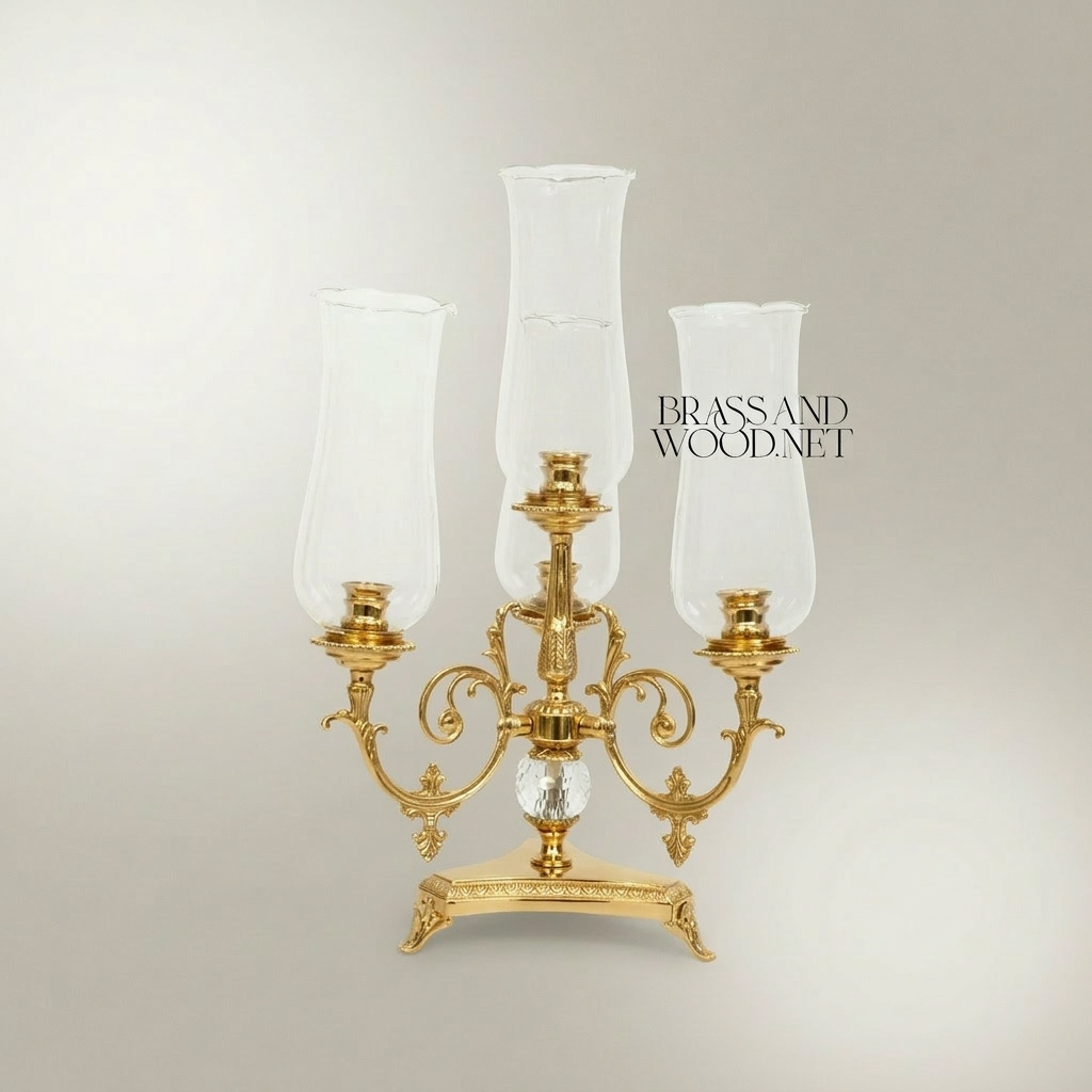 Neoclassical Three-Arm Brass Candelabra with Crystal Sphere & Glass Hurricane Shades — Gold